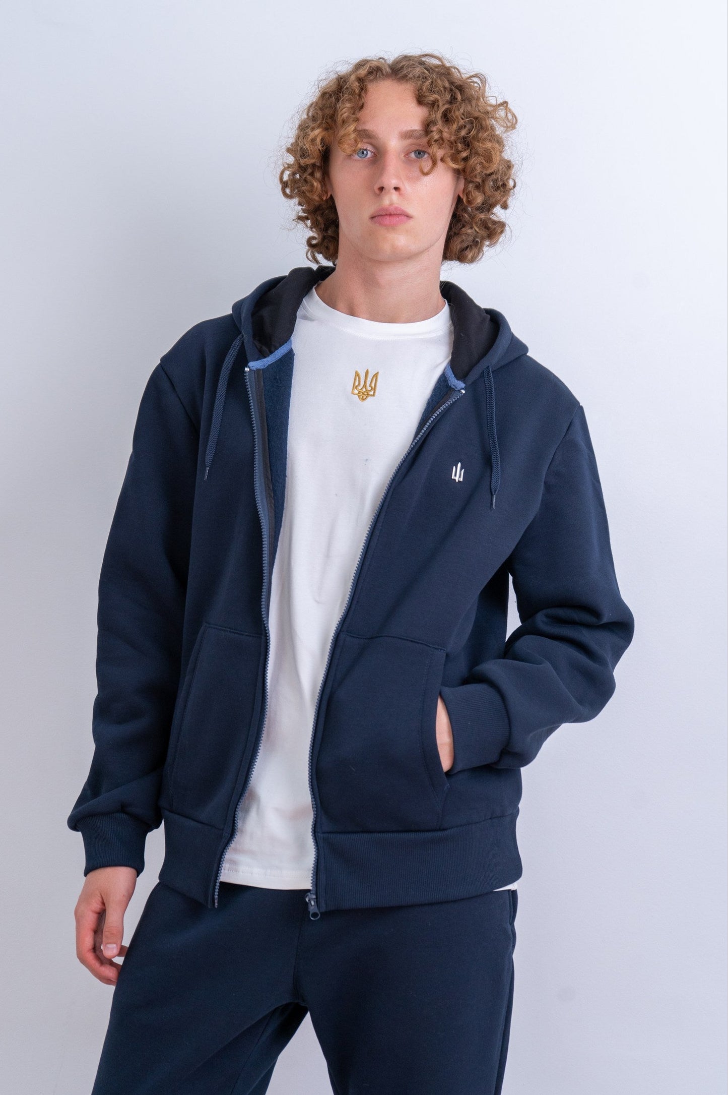 Premium Blue Zip-Up Hoodie with Silver Tryzub