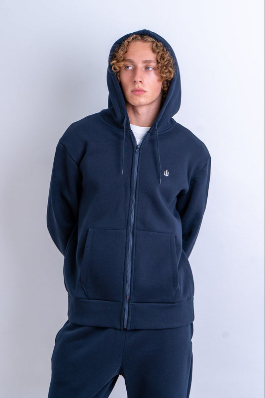 Premium Blue Zip-Up Hoodie with Silver Tryzub